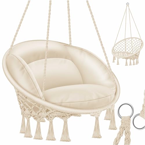 KESSER® Cadeira suspensa com almofada - poltrona suspensa Chill para adultos e crianças rede até 150 kg assento suspenso suspensão interior e exterior sala de estar e jardim, terraço, bege