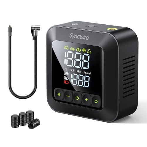 Syncwire Compressor de ar portátil 10,35 bar insuflável elétrico compressor ar insuflação 3X rápida bomba de ar para carro, motas, bicicletas, bolas, com tampas de válvula de pneus, LCD grande