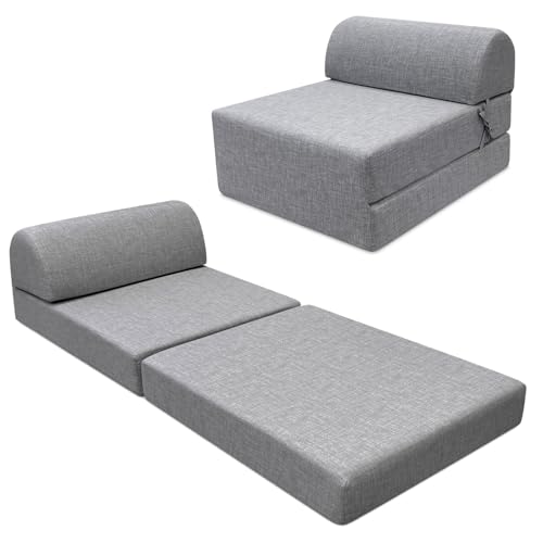 amuéblate online - Puff Sofá-cama conversível, poltrona com colchão de espuma de alta densidade e capa lavável, cinzento, 64 x 185 cm, ideal para viagens, convidados ou campismo