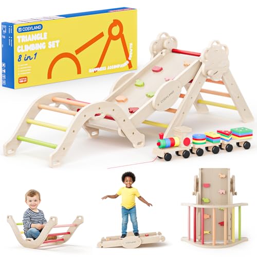 COSYLAND 8 em 1 triângulo de escalada Montessori com arco e rapa, conjunto dobrável infantil, brinquedo de madeira resistente para interiores, crianças 18 meses - 6 anos, cores quentes, médio
