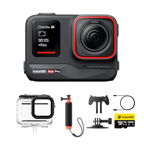 Insta360 Ace Pro Pacote de mergulho: Câmara de ação impermeável, sensor de crachá de 1/1,3", redução de ruído IA imagem máxima, 4K a 120 fps, ecrã rebatível 2,4" e funções de IA, para desportos