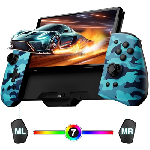 PALPOW Mando luminoso Switch – Compatible con Switch/OLED, diseño ergonómico Luminpad, Joypad integrado, Turbo, Mapping, 7 colores LED – Camuflaje Azul