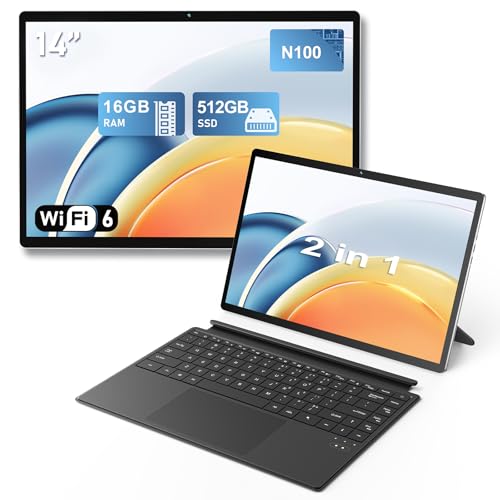 FUNYET 2 em 1 Laptop, portátil com Win11 de 14 polegadas, processador N100 Notebook, 16 GB de RAM + 512 GB de SSD, scanner de impressões digitais e teclado retroiluminado para computador portátil