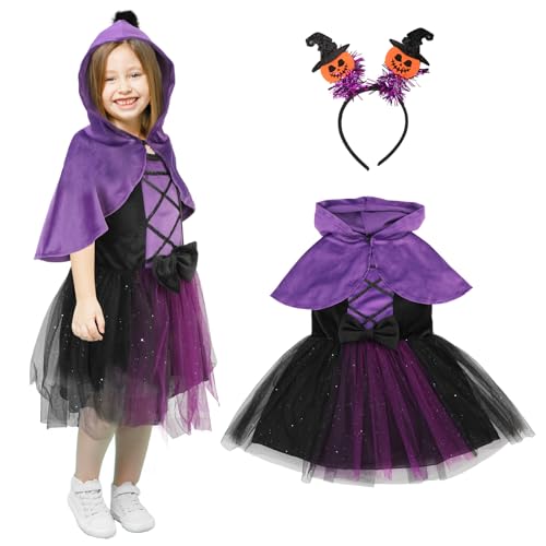 TAGVO Vestido princesa bruxa menina, disfarce bruxa menina poncho roxo capa com capuz Halloween, vestido tutu princesa brilhantes estrelas com chapéu Halloween Fancy Dress up para menina 1-6 anos
