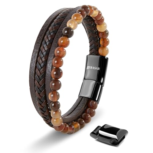 SERASAR | Pulsera Premium para Hombre en Cuero Genuino Negro y Marrón | Cierre Magnético de Acero Inoxidable | Incluye Joyero | Ideal para Regalar