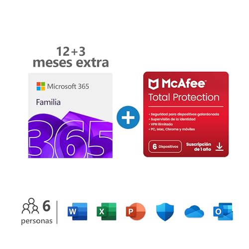 Microsoft Família 365 | Apps Office 365 | PC/MAC/telefone | Assinatura anual, 12 + 3 meses, + McAfee Total Protection 2022, 6 dispositivo, 12 meses, PC/Mac/Android/Smartphones - código por email