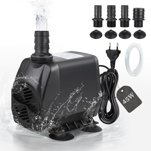 EXLECO Bomba de água aquário bomba submergível águas sujas max. 2500 L/H 45 W 220 V bomba de fonte exterior bomba de lago bomba de água pequena para filtro de jardim, com 1 mangueira 4 bicos
