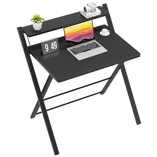 GreenForest Secretária dobrável com prateleira de monitor, mesa de escritório de tamanho pequeno sem montagem, mesa pequena para espaço pequeno, preto