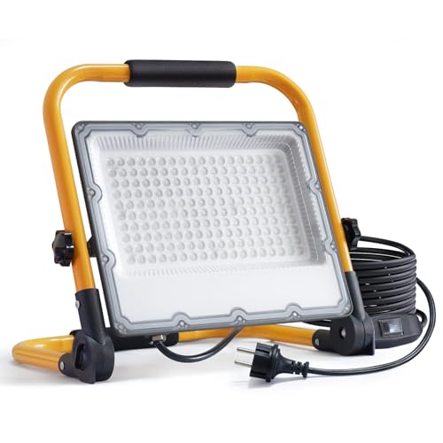 OUSIDE Foco de trabalho LED 150 W, luz de construção portátil com cabo de 4 m, 15000 LM 6500 K luz branca, tomadas Schuko com interruptor estanco, IP66 impermeável para uso no exterior, obras, oficina