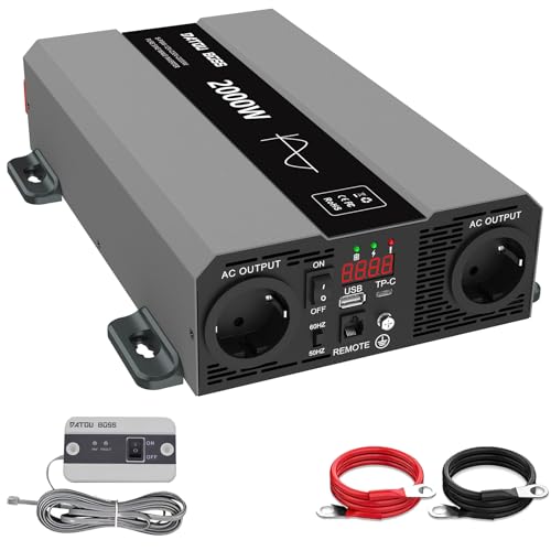 DATOUBOSS Inversor 12 V 220 V 2000 W/4000 W onda sem nórdico, puro, inversor de corrente de 2000 W com tomadas da UE, saída USB, ecrã LCD e controlo remoto. Ideal para carros, camiões e campismo