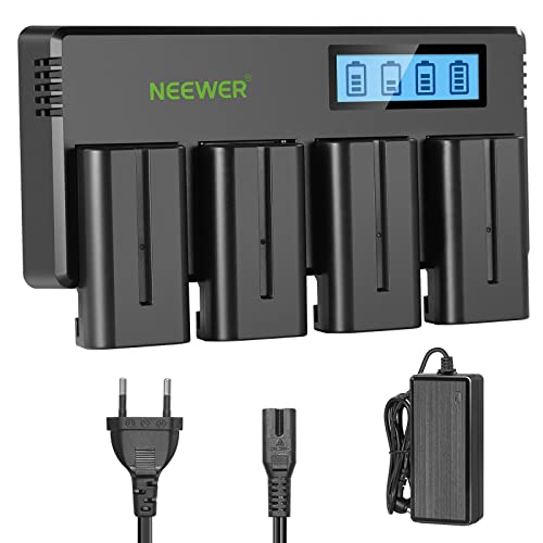 NEEWER 4 pacotes baterias de substituição NP-F550 de 7,4 V 2600 mAh com 4 canais carregador de bateria e adaptador de energia compatível com NP-F550/750/770/970 FM500H QM71D QM91D Monitor de C. ampo