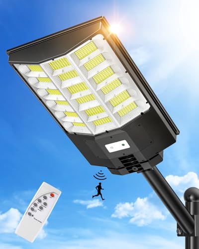 Sararoom Lanternas solares 1000 W | 6500 K holofotes LED para exterior, impermeável, IP65, lâmpada de energia solar com sensor de movimento e controlo remoto, luz de segurança para caminho, terraço,