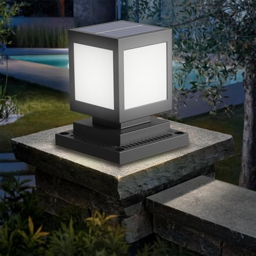 HMAKGG Lâmpada solar exterior, LED luz solar sobremuro, 6000 K luzes exterior e jardim em ABS, 2200 mAh, IP45 poste luz jardim quadrado para cerca pátio, luz branca, preto