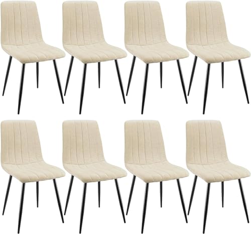 JIJIAN Conjunto de 8 cadeiras de sala de jantar, cadeiras estofada com tecido de linho e pernas de metal preto, design com riscas, cadeiras de sala de jantar para sala de jantar sala de estar quarto