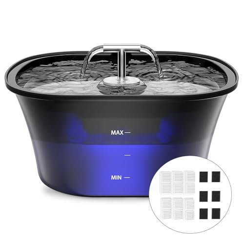 BalimoPet Fonte para gatos, bebedor gatos 2,5 l, fonte gatos ultra silencioso com LED incorporado e 6 filtros de carbono ativado, fácil de limpar, design de saída dupla