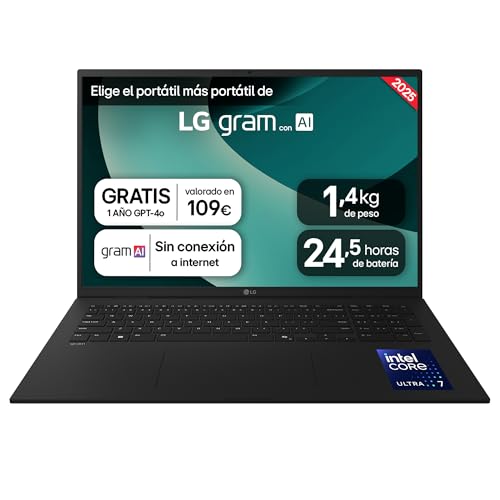 LG gram 17Z90TL-G.AU88B Computador portátil Intel Core Ultra7 258V, 32 GB RAM, 1TB SSD, painel IPS antirreflexo, WQXGA, 1,460 g, 24,5 horas, Windows 111. Home, Preto, teclado QWERTY espanhol