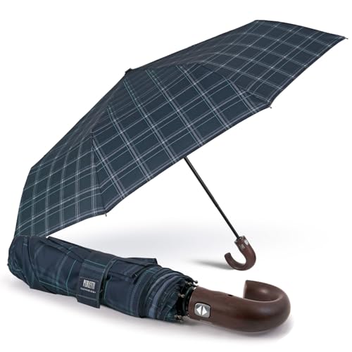 Guarda-chuva homem fantasia escocês dobrável - guarda-chuva portátil aperto de madeira resistente - guarda-chuva tortan automático - diâmetro 104 cm - Perletti Technology, Tartan azul e verde