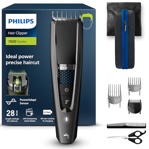 Philips Corta-pelos com lâminas de titânio, 3 pentees-guia, 28 configurações de comprimento, 90 min de uso sem cabo, inclui capa de viagem, cor preta