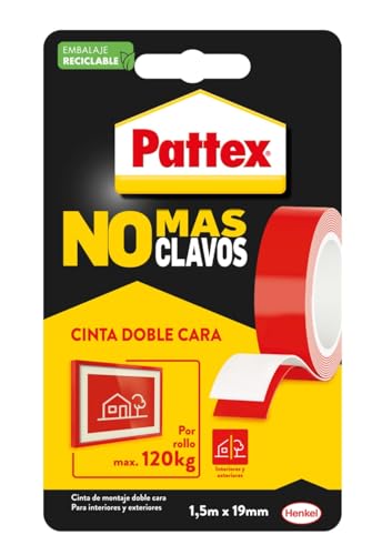 Pattex Fita adesiva para aplicações permanentes, chega de pregos, fita dupla face extra-forte, adesivo de montagem para interior e exterior, 19 mm x 1,5 m