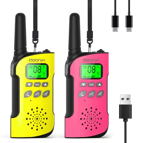 AWANFI Walkie Talkie para crianças, 3-12 anos, Walkie Talkies recarregável com bateria de iões de lítio, VOX, função SOS e lanterna, longo alcance, walkie talkies para campismo, aventuras, presentes