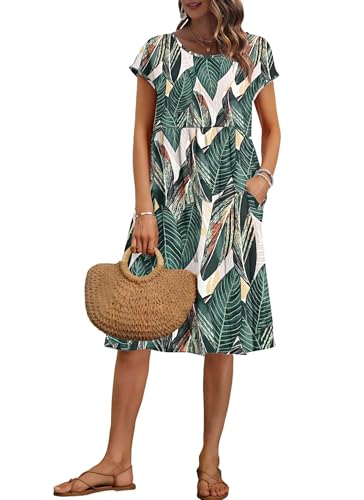 AUSELILY Vestido de verão, manga curta até ao joelho, para mulher, vestidos folgados, com decote redondo e bolsos