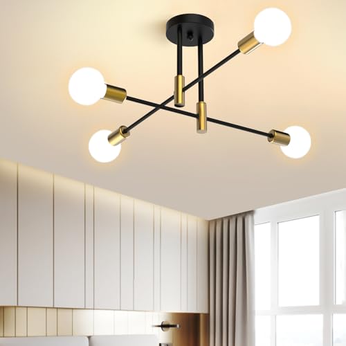 Kuwork Candeeiro de teto vintage, 4 luzes E27 candeeiro suspenso de teto, teto moderno para sala de estar, quarto, estúdio, cozinha e sala de jantar, preto e dourado