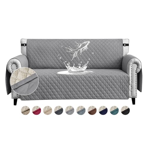 FIGOOO Capa de sofá impermeável 3 lugares antiderrapante com correias elásticas protetor para sofá acolchoado reversível para animais de estimação cães gatos, cinzento pálido