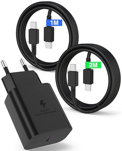 Carregador de carregamento rápido de 45 W 2 m + 1 m, carregador USB C com cabo tipo C, tomada tipo C para Samsung Galaxy S24/S23/S22/S21 Ultra/S20/S20 +/Note 20/10/A73/A52/s10 /s9