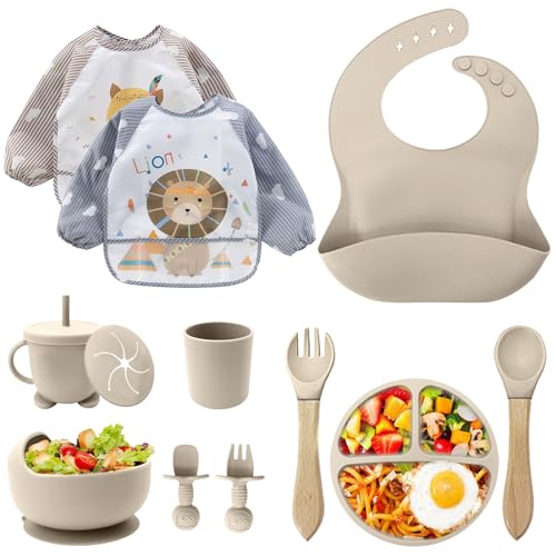 Talheres para bebé, conjunto de 12 peças pratos bebé com ventosa, baby Led Weaning, talheres infantis, conjuntos de louça para bebé, colher de bebé, babete silicone para bebé, prato de silicone para