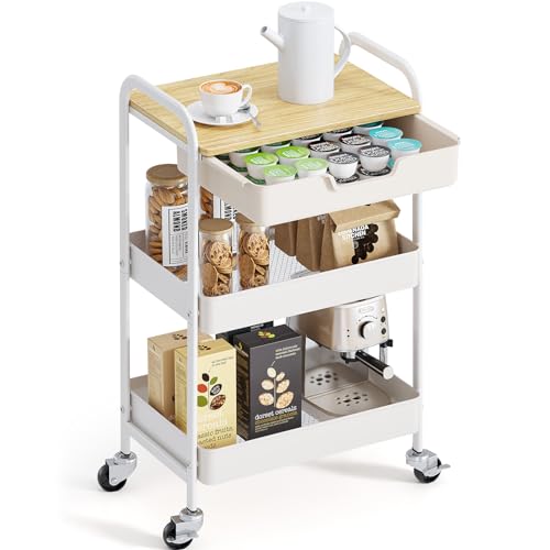 KINGRACK Carrinho auxiliar de cozinha de 3 níveis, carrinho de legumes com alça, rodas e gavetas, para casa de banho cabeleireiro, com tampa de madeira, branco WKUK830549-1
