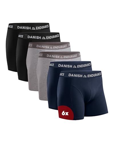 DANISH ENDURANCE Conjunto de 6 boxers de algodão para homem, roupa interior, elásticos, ultra suaves, conforto superior, corte clássico, justos, preto, cinzento, azul marinho