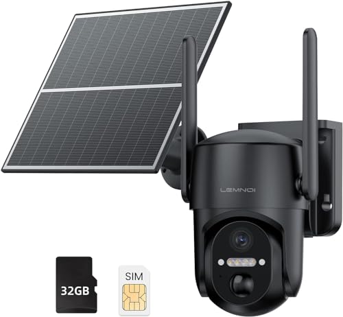 LEMNOI 4G LTE Câmara de vigilância solar exterior sem fios com cartão SIM pré-instalado, visualização de 360 °, detecção de movimento, visão noturna 2K, áudio bidirecional, IP66 impermeável