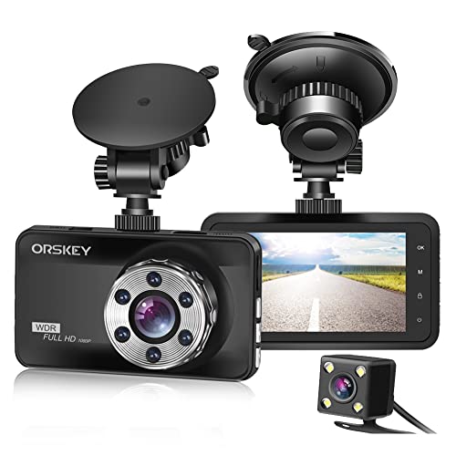 ORSKEY Câmara dupla de vigilância de carro, parte interna frontal e traseira 1080P Full HD 170, grande ângulo HDR com ecrã LCD de 3,0" visão noturna, detecção de movimento e sensor G