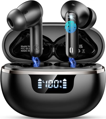 Auriculares sem fios Bluetooth, In-Ear auriculares Bluetooth 5.4 com 4 ENC cancelamento de ruído HD Mic, 48H estéreo HiFi capacetes sem fios Running IP7 impermeável/ecrã LED/carregamento rápido tipo-C