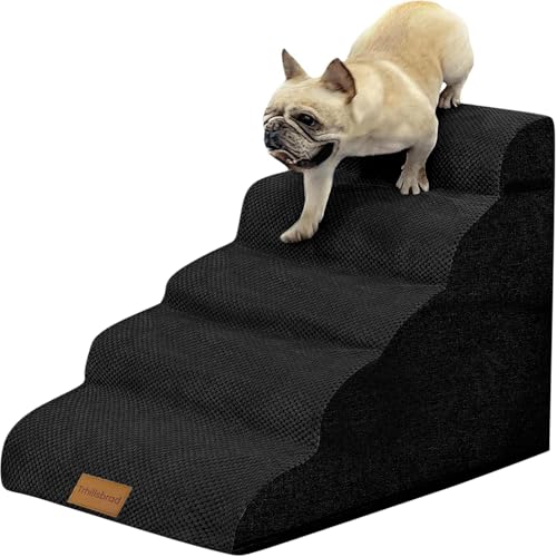 Escada larga para cães, cor preta, 5 degraus, 62 cm de altura, para cães pequenos, espuma de alta densidade, capa lavável e base antiderrapante