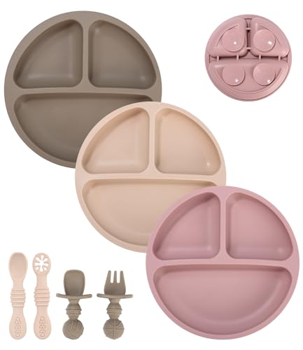 SOBEAU 7 pratos de silicone para crianças, pratos para bebés, pratos para bebés divididos estáveis com 3 pratos rasos, 4 garfos e colheres, adequados para máquina de lavar louça e micro-ondas (rosa)