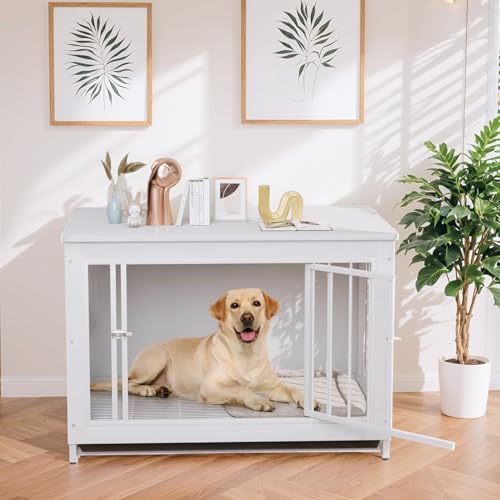 MAMIZO Jaula para Perros de Mueble 93x64x58CM, 2 en 1 Mesa Auxiliar, Casa Perro Interior de Madera Mediano Grande, Dog Crate con 2 Comederos y Puertas para Perros, Blanco