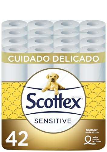Scottex Papel higiénico Sensitive 42 rolos com 3 camadas, cuidado delicado graças ao toque de leite de amêndoas (7 embalagens de 6 rolos)