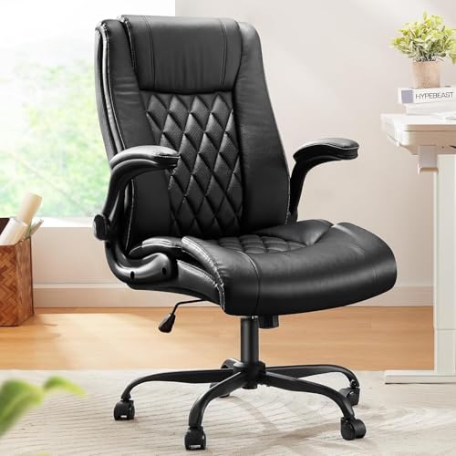 Marsail Cadeira de escritório executiva com apoios de braços batíveis, couro PU, cadeira de secretária ergonómica com função de inclinação, altura ajustável, giratória e com rodas, preto