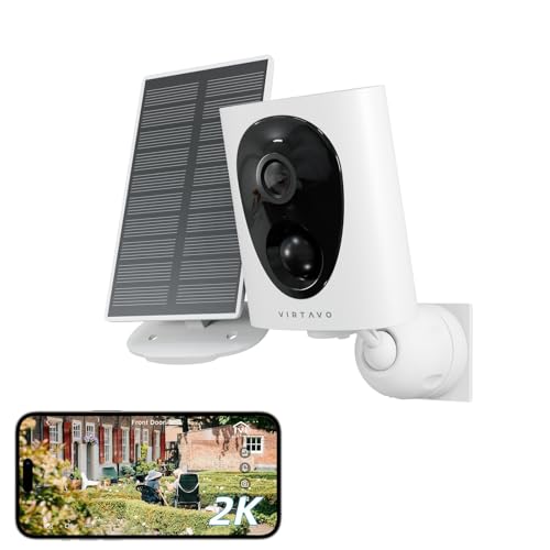 virtavo 2K Câmara solar vigilância WiFi exterior/interior sem cabos bateria recarregável, longo tempo de espera, visão noturna colorida, funciona com Alexa, PIR, áudio de 2 vias