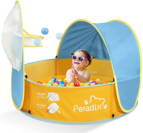 Peradix 4 em 1 Bebés Loja & Piscina de bolas emergente, piscina para crianças e área de jogos, loja de praia para bebés, tenda de conjunto para bebés com aro de basquetebol - não inclui bolas