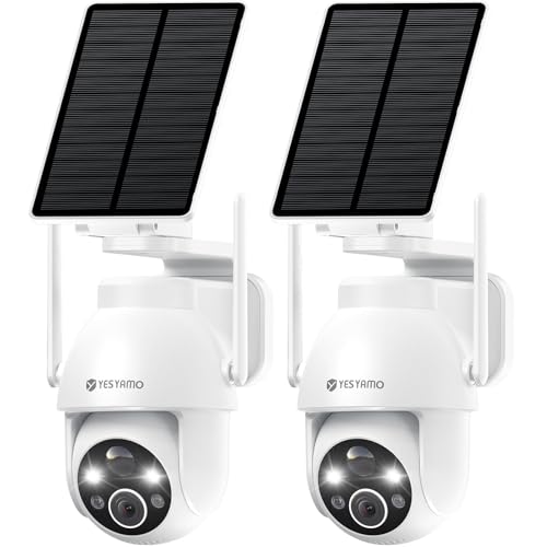 YESYAMO 2 unidades, 2 K câmara de vigilância Wi-Fi exterior solar, câmara exterior solar 2,4 GHz com painel solar, 360 ° PTZ, visão noturna cor, áudio bidirecional, branco