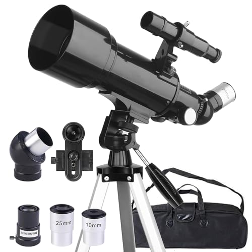 Misilmp Telescópio 70 mm de abertura 400 mm telescópios para adultos iniciantes astronomia com lentes, visor, tripé, bolsa, suporte móvel, portátil refletor telescópio para crianças e adultos (preto)