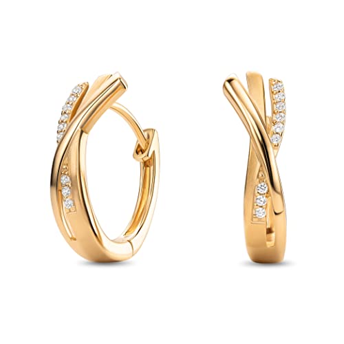 Miore Brincos de mulher em forma de aro cruzado banhados a ouro e fabricados em prata de lei 925, com 9 cristais de zircônia transparente, hipoalergénico, adequado para peles sensíveis, 16,5 mm x 6 mm