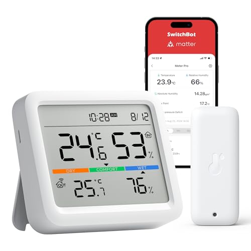 SwitchBot Bluetooth Estação meteorológica para casa sensor exterior sem fios, monitor de temperatura / humidade com data e previsão meteorológica, 120 m Bluetooth, arquivo de dados gratuito para