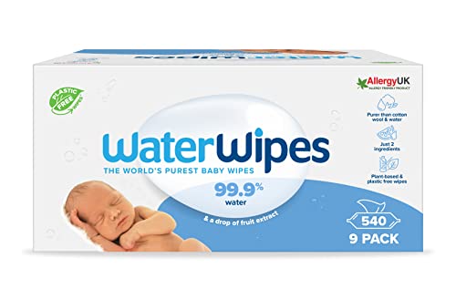 WaterWipes Toalhetes húmidos originais para bebés, sem plástico, 540 unidades (embalagem de 9), 99,9% base de água e sem perfume para peles sensíveis