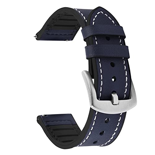 Fullmosa Correia de relógio de libertação rápida 22 mm 20 mm, bandas de couro híbridas de silicone para Samsung Galaxy Watch/Huawei Watch/Garmin Forerunner/Amazfit, Azul escuro + fivela de prata