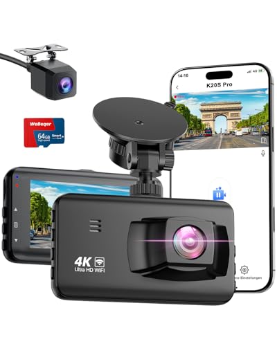 WeBeqer Dashcam 4K/1080P, WiFi Dash CAM carro, cartão 64 GB, visão noturna, G-Sensor, gravação em loop, assistente de marcha atrás, 170 ° 140 ° grande angular, IPS de 3 polegadas, modo de