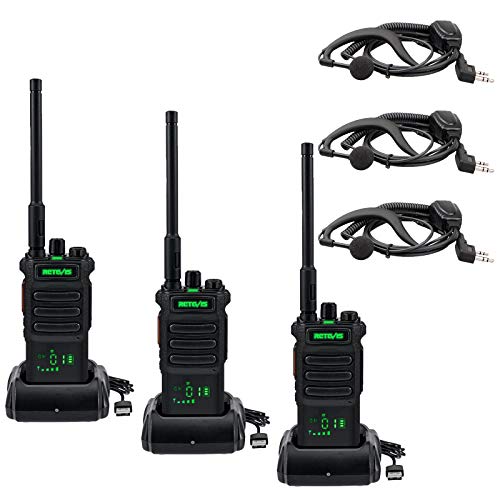 Retevis RT86 Walkie Talkies de longa distância com auriculares, Walkie Talkie recarregáveis 2600 mAh com carregador USB, VOX lanterna de alarme, rádio para local de construção (preto, 3 peças)