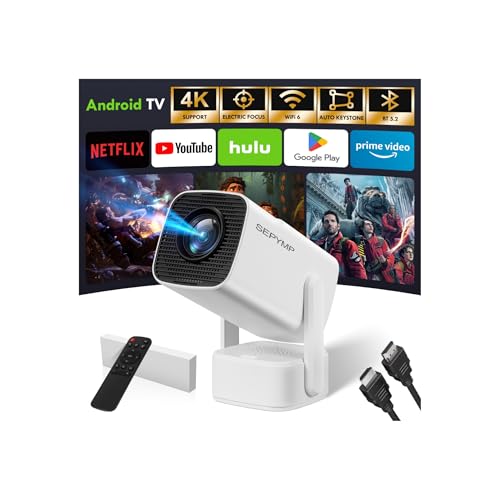 [Apps integradas e 2025 Upgraded] Projetor portátil, SEPYMP Mini projetor 4K, 1080P HD-WiFi 6-BT 5.2, Android 13, compatível com HDMI/USB/TV Stick/PS5/Laptop, branco